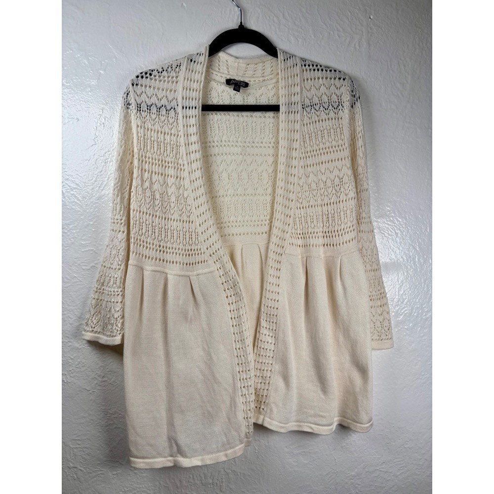 Cream Crocheted Open Cardigan Sweater Sz M Babydoll Cotton Cottage Dollcore Boho